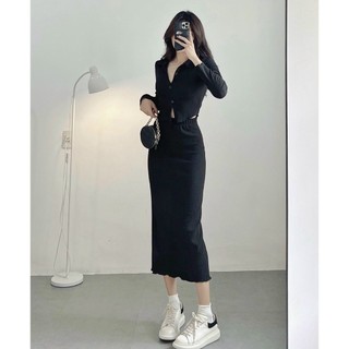 Set croptop đen cổ vest chân váy midi