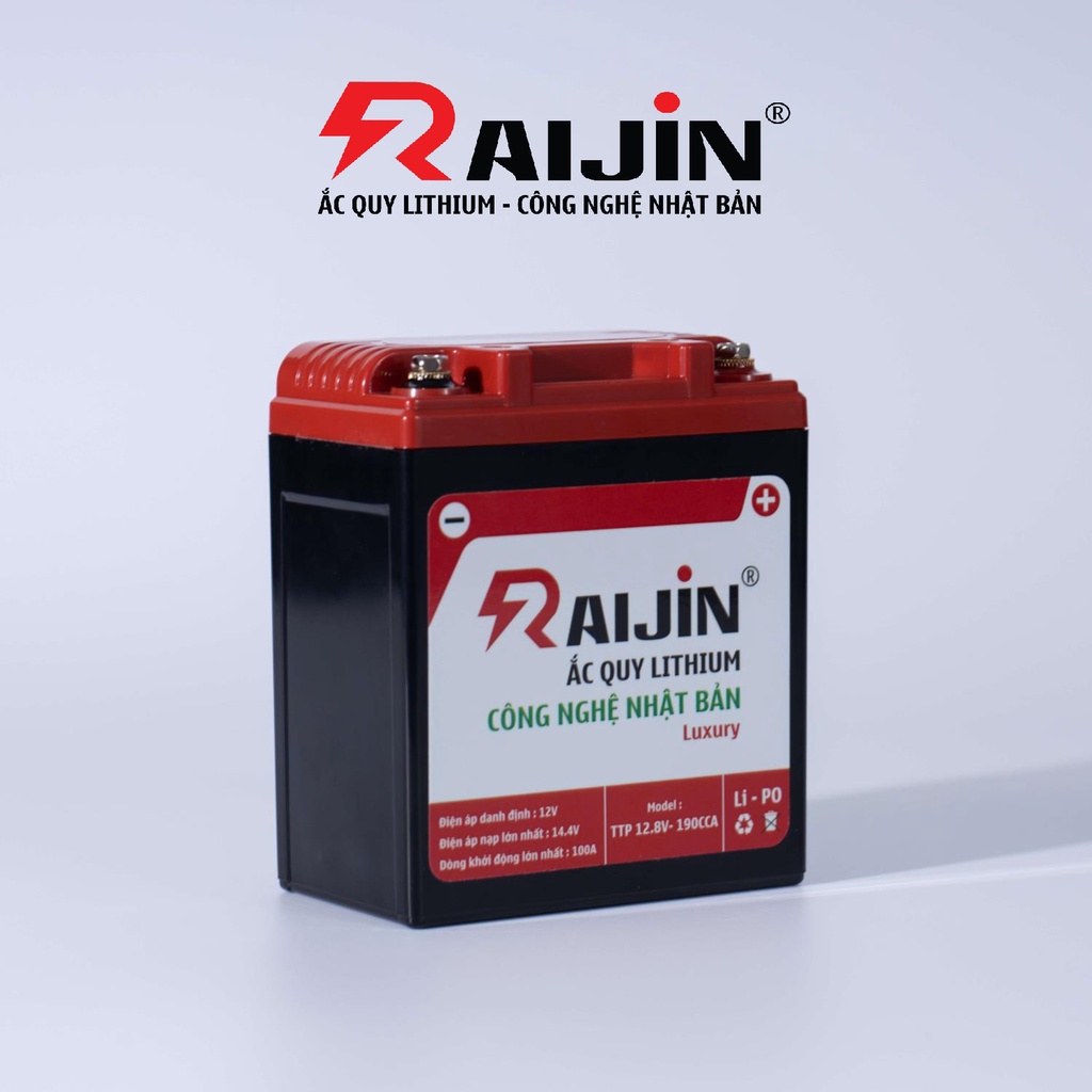 Bình ắc quy xe máy lithium RAIJIN Luxury L công nghệ Nhật Bản điện áp 12v-7ah, chuyên dùng cho xe độ đèn dưới 200 Watt