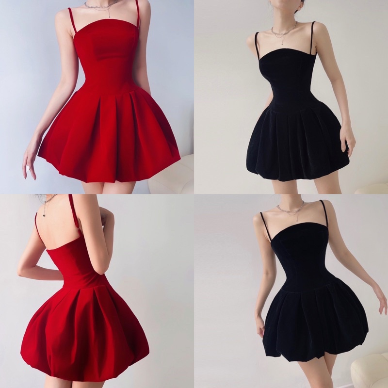 Đầm Nhung Xoè 2 Dây Tùng Bồng Tròn