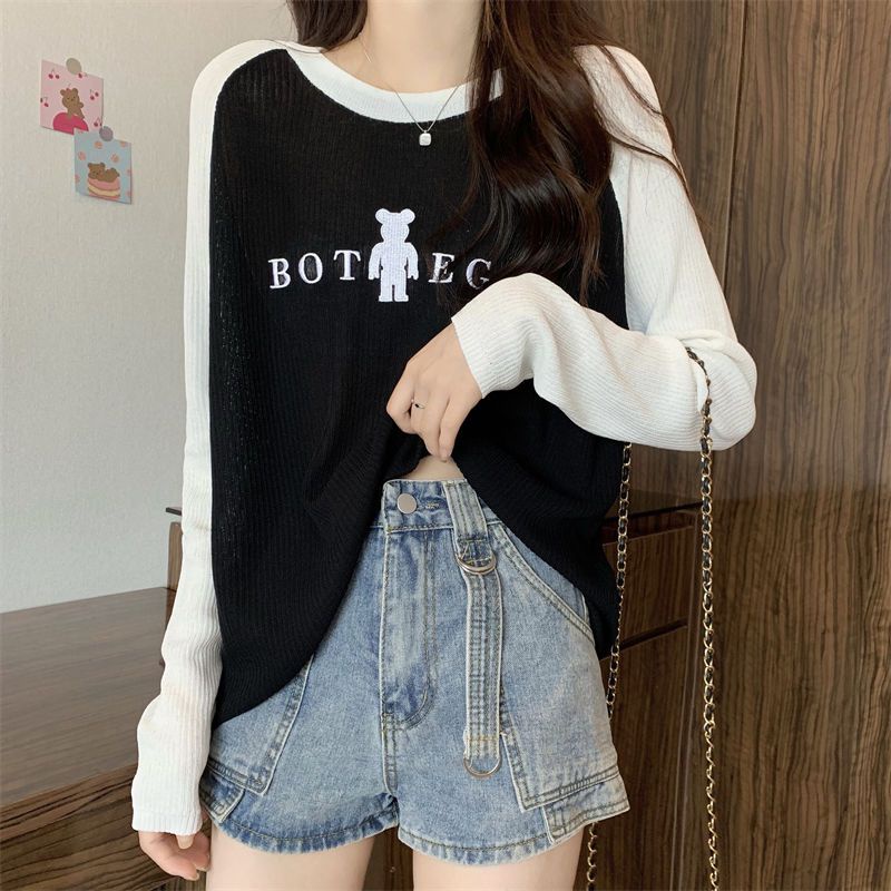 Áo Thun Tay Dài Thiết Kế Chắp Vá Phong Cách Retro Mỹ Kiểu Mới Dành Cho Bạn Nữ