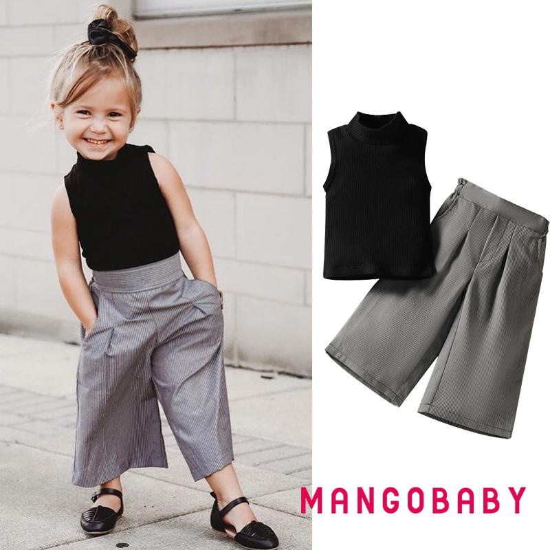 Set Áo Cổ Cao Không Tay + Quần Ống Rộng Lưng Cao Họa Tiết Kẻ Sọc Thời Trang Dự Tiệc Cho Bé Gái