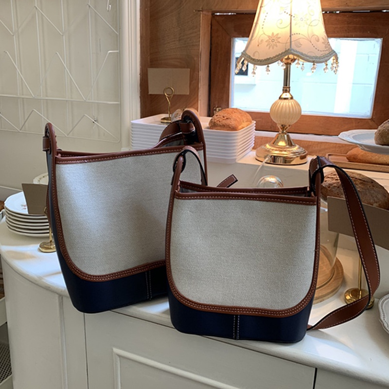 Ielgy Túi Xách bucket Vải Bố Sức Chứa Lớn Màu Sắc Tương Phản Đa Ứng Dụng Cho Nữ