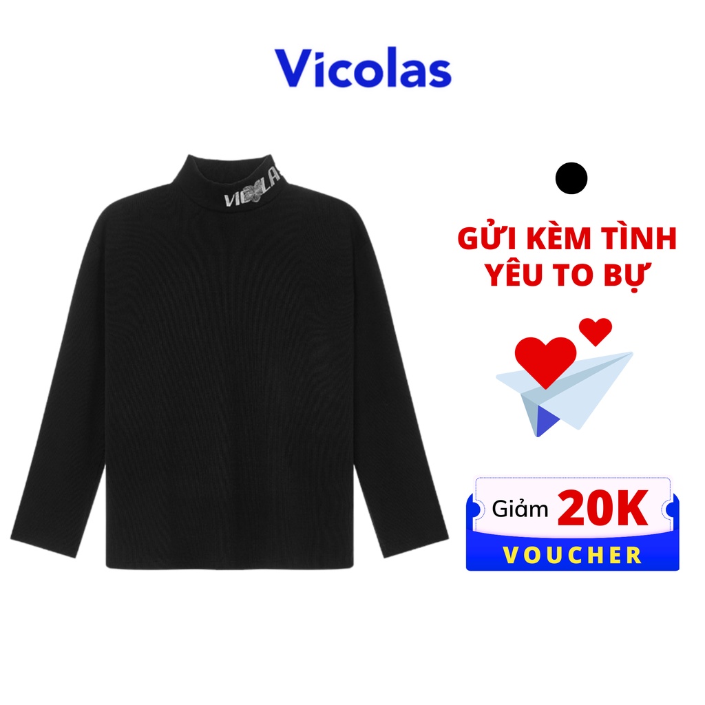 Áo thun tay dài cổ lọ thêu họa tiết Vicolas vải thun gân co giãn giữ ấm tốt -V VICOLAS TURTLENECK TEE