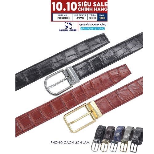Dây Lưng Da Nam Songhan Leather MB09, Thắt Lưng Da Cá Sấu Bản Liền Không Nối Bản 3.5cm Khóa Kim Không Rỉ .BH 12 tháng