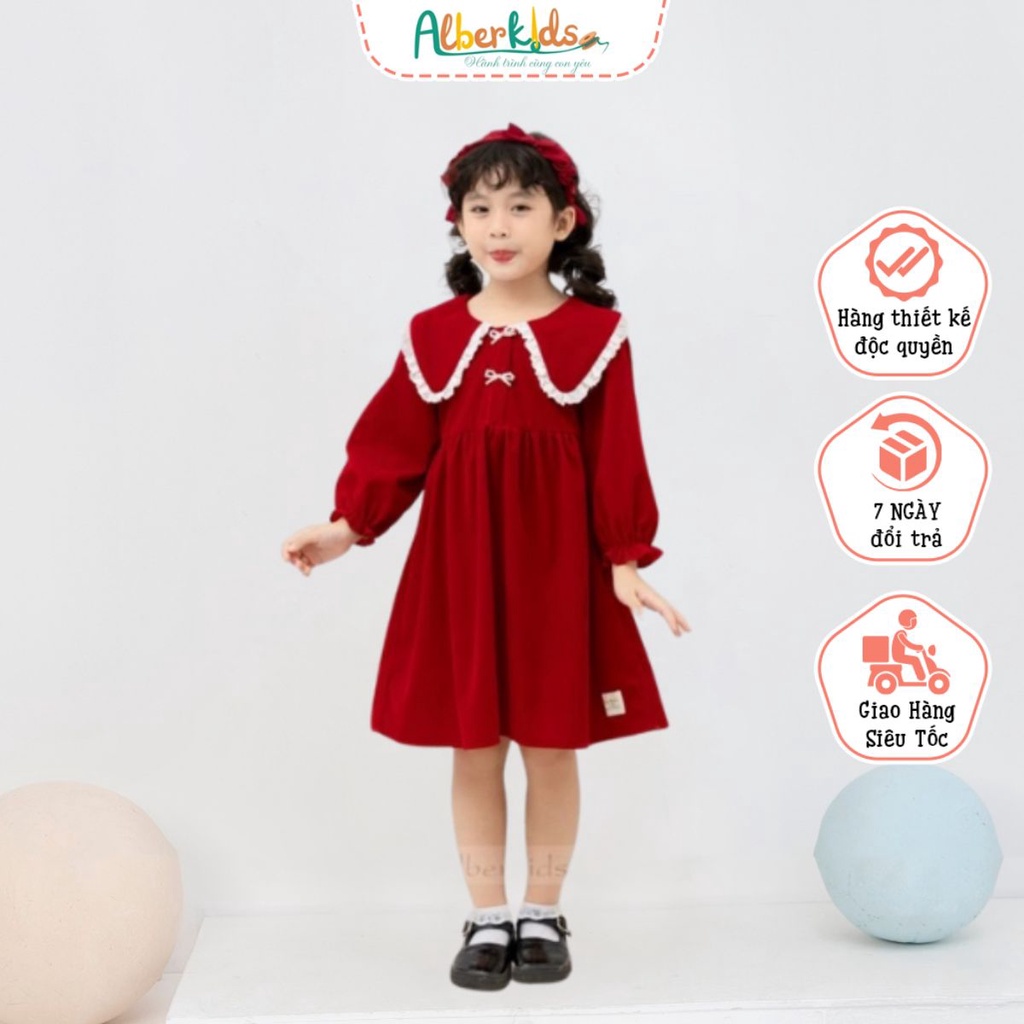 Váy bé gái ALBERKIDS thu đông đỏ dài tay phối cổ ren công chúa cho trẻ em 2,3,4,5,6,7,8,9,10,11,12 tuổi [AG0103]