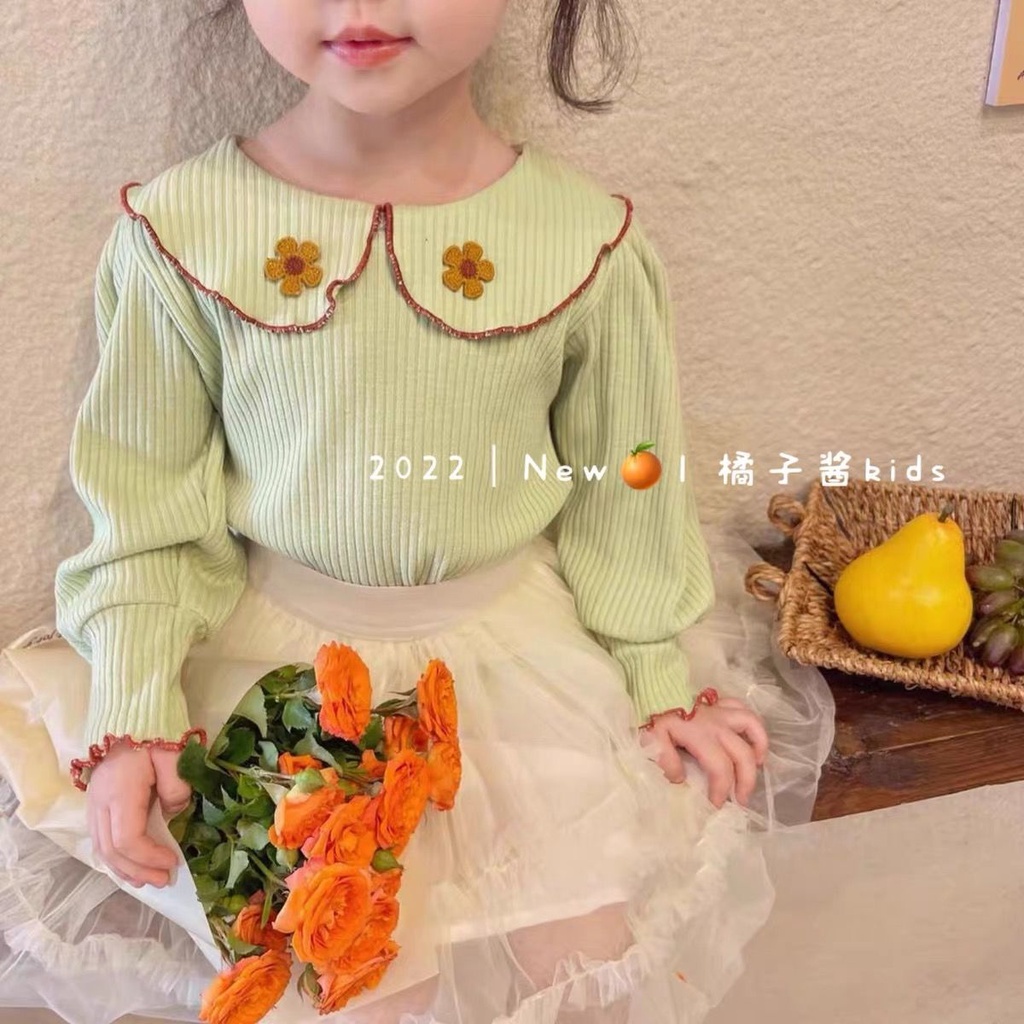 [Babycat] Hàng Có Sẵn Áo Thun Tay Dài Cổ Búp Bê Họa Tiết Hoa Màu Trơn Phong Cách Hàn Quốc Nhật Bản Hàn Quốc Cho Bé Gái