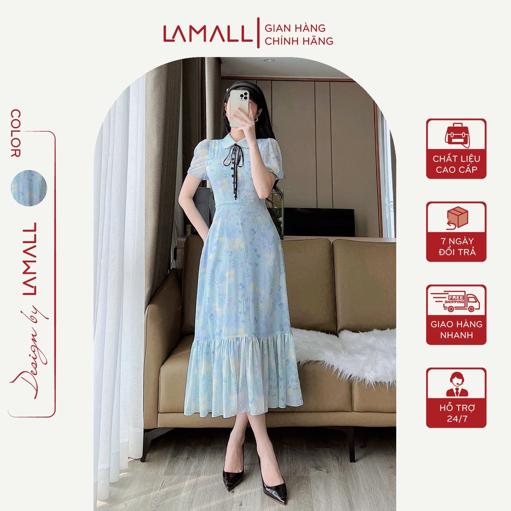 Váy Thiết Kế Cổ Nơ LAMALL Váy Tiểu Thư Nhẹ Nhàng Sang Chảnh, Nữ Tính, Hoạ Tiết Hoa Nhí Xanh, Chất Liệu Tơ - V02