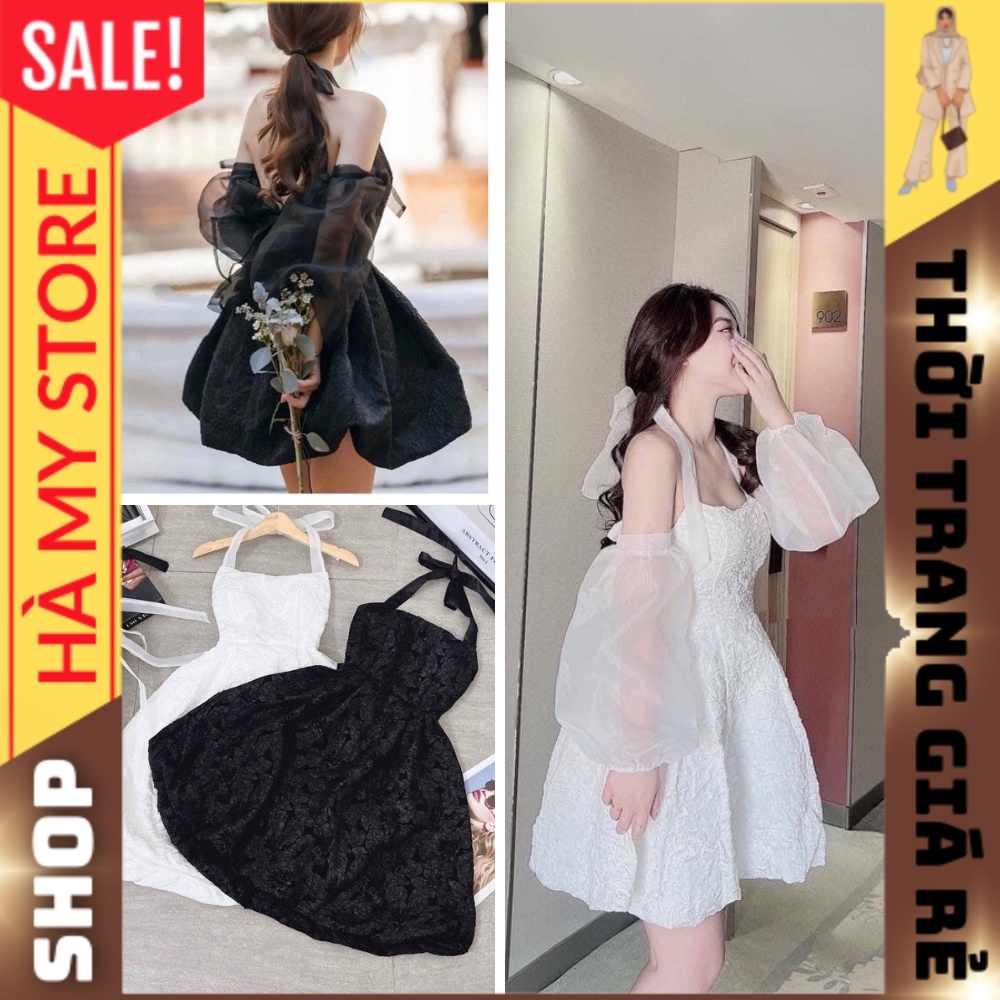 Đầm Babydoll hoa gấm, váy cổ yếm công chúa, tay tháo rời được, mặc được 2 kiểu siêu xinh, tiểu thư - Store Hà My