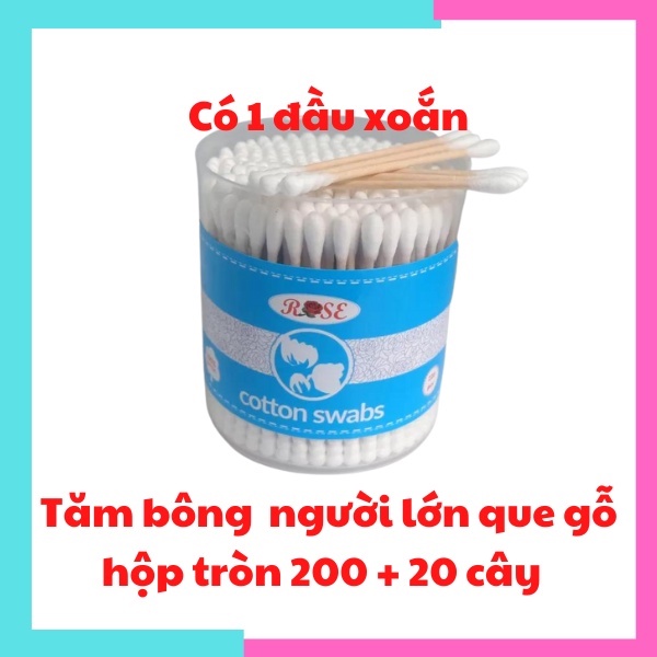 Tăm bông rái tai que gỗ tăm bông ngoáy tai que gỗ hộp tròn 220 cây Rose có 1 đầu xoắn 100% bông tự nhiên