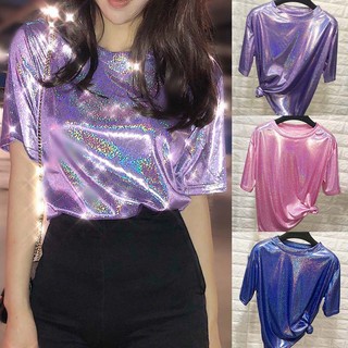 Mùa hè phong cách retro phong cách áo lụa sáng bóng dáng rộng tay ngắn câu lạc bộ gợi cảm áo thun harajuku