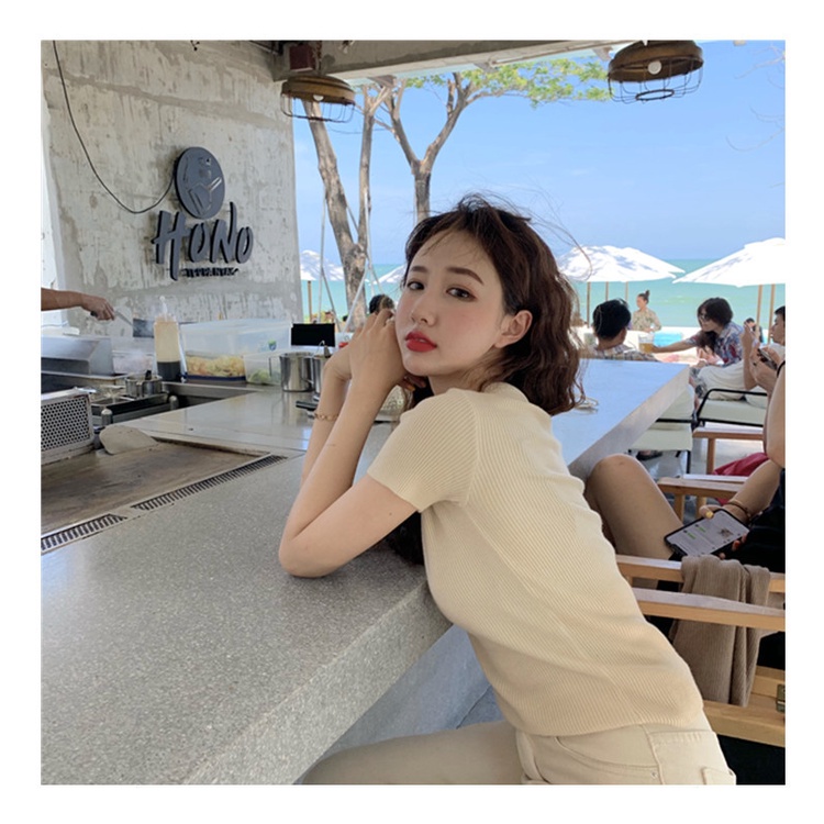 Áo len nữ Hàn Quốc cổ tròn, áo len nữ ngắn tay hàng Quảng Châu co giãn cực tốt, ôm dáng lên phom Minxu shop LEN05