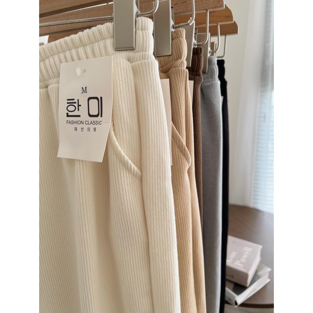 Quần Ống Rộng Nỉ Nhung Tăm Lưng Chun Unisex  Có Dây Rút Chỉnh Eo