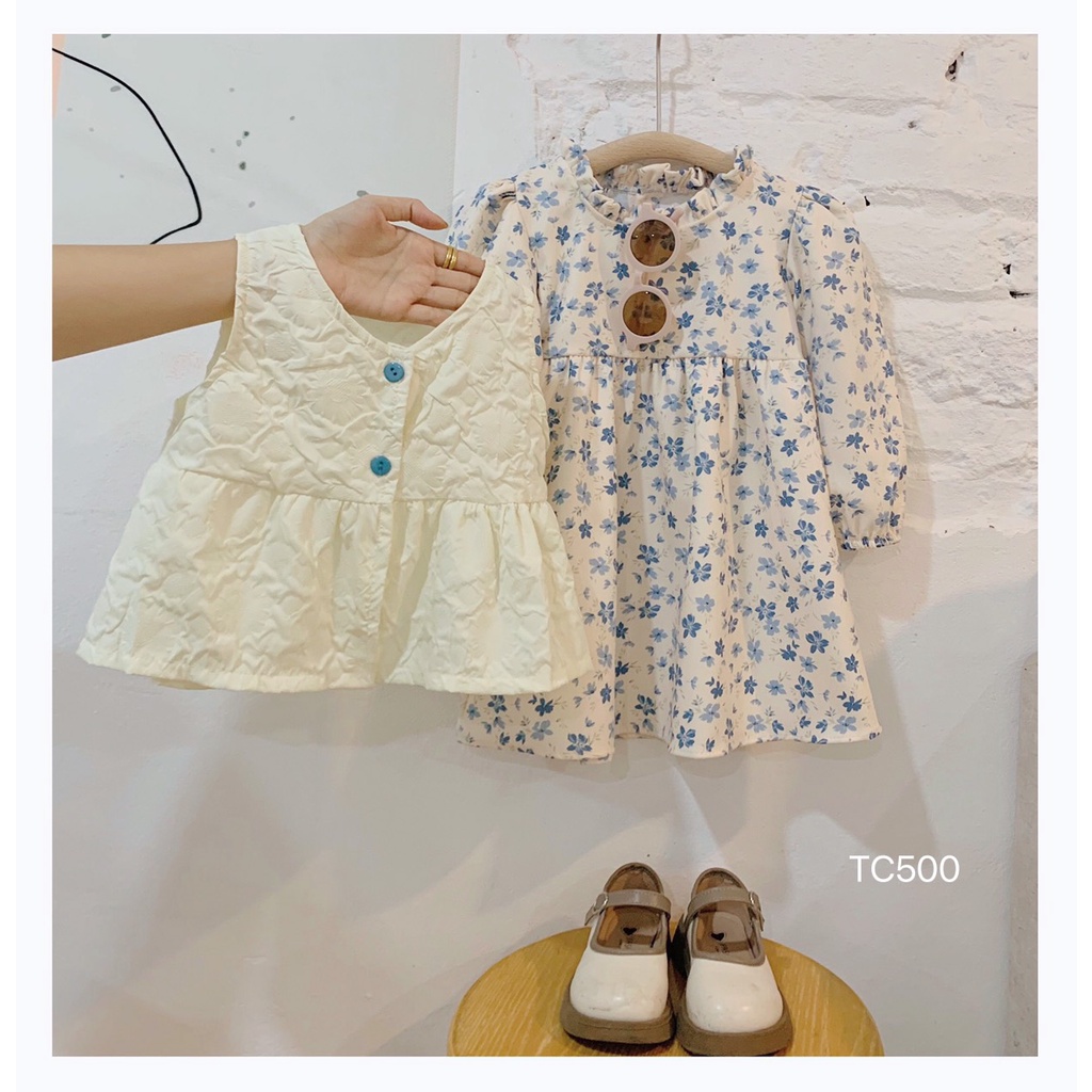 Sét váy thu nhung tăm hoa nhí cao cấp kèm gile xốp vân hoa nổi xịn xò cho bé gái Caibaby_store