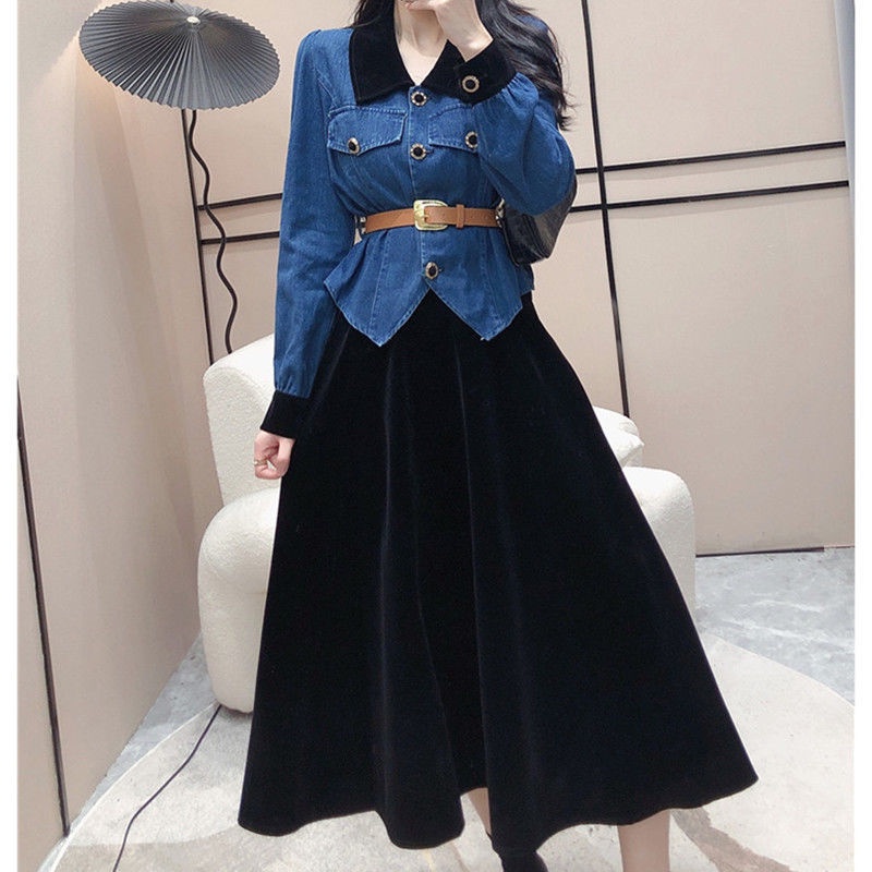 Bộ Áo Sơ Mi Denim + Chân Váy Lưng Cao Thời Trang Retro Cao Cấp Cho Nữ 2022