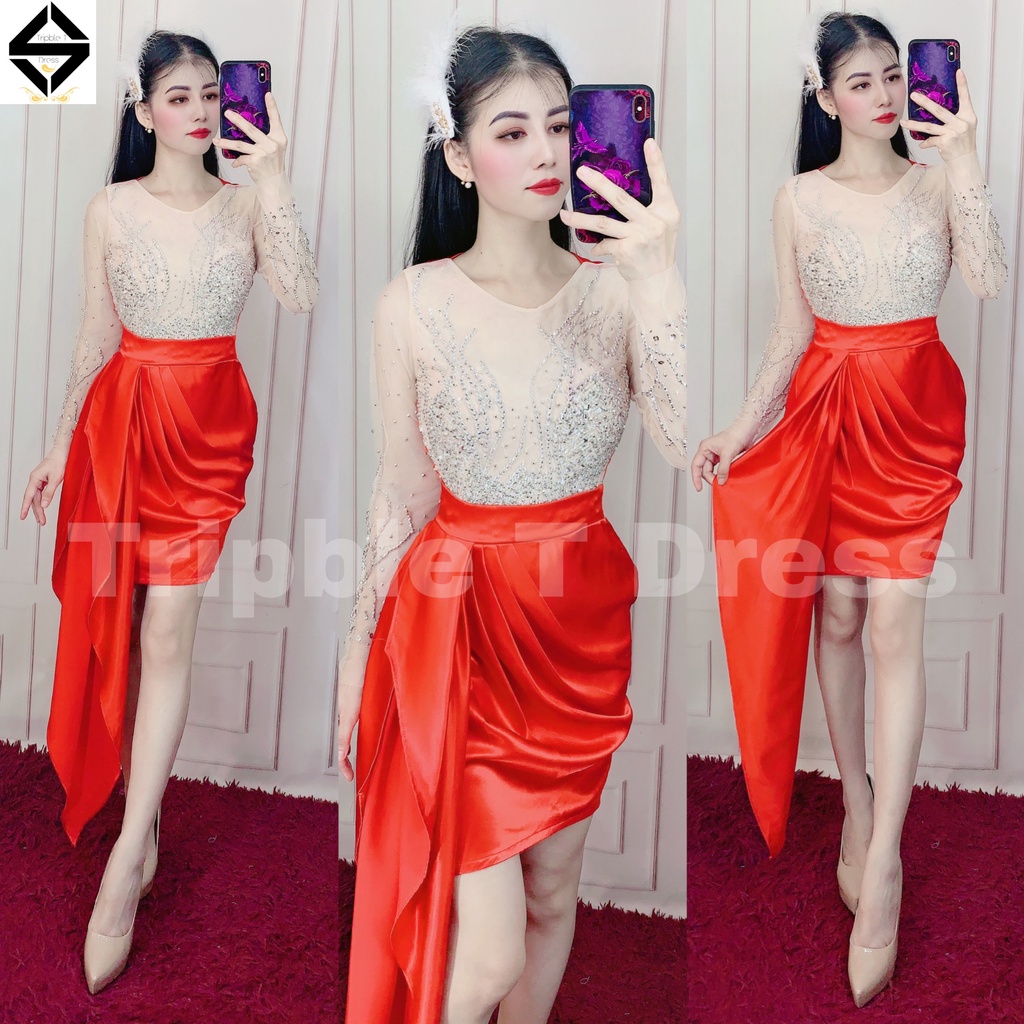 Đầm body ngắn tay dài lưới kết đá cườm TRIPBLE T DRESS - size S/M/L - MS229Y
