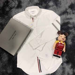 Áo sơ mi Thom brown trắng viền xám trắng