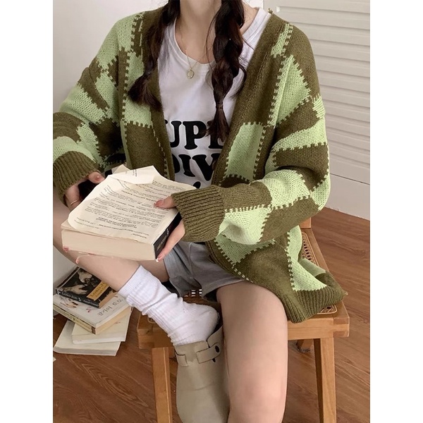 Áo khoác dệt kim nữ dài tay caro ziczac 2 màu, cardigan nữ chất len mềm mịn