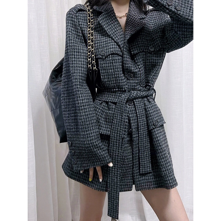 Blackpink Jennie Áo Khoác Len Tay Dài Sọc Ca Rô Màu Đen Phong Cách Hàn Quốc Trẻ Trung