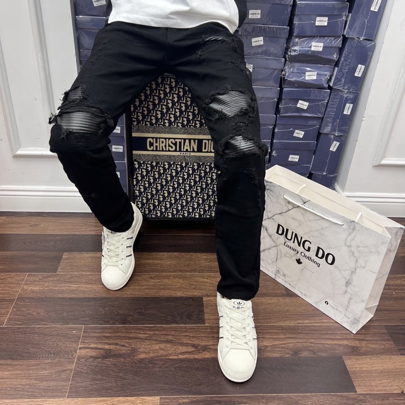 Quần Jean Dài Nam Màu Đen Rách Vá Da Phong Cách Thời Trang Cao Cấp