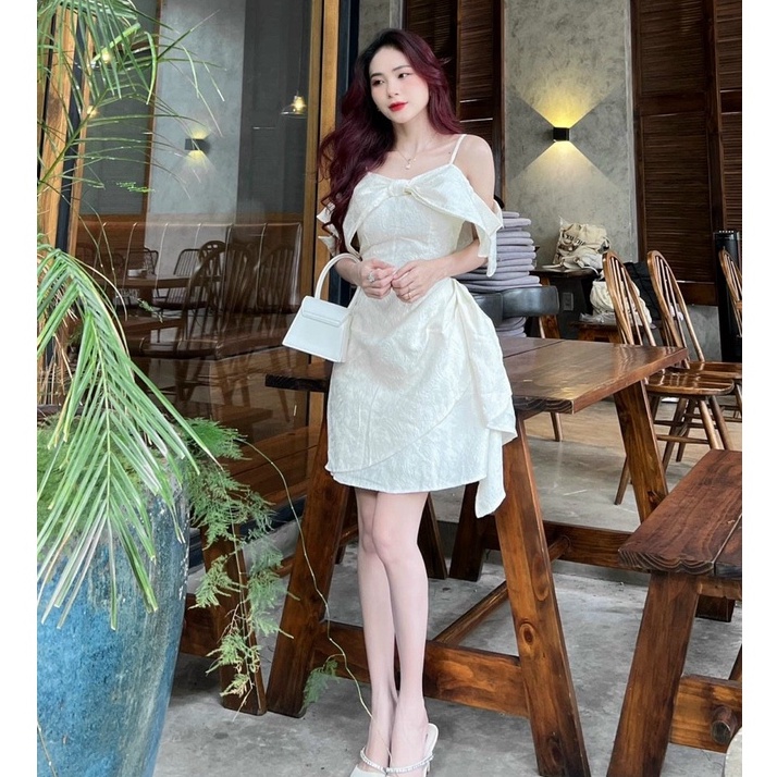 Váy Trễ Vai Tay Phồng Nơ Cổ,Đầm 2 Dây Nữ Thiết Kế dáng Xòe Tiểu Thư Dự Tiệc Dạo Phố (Chất Gấm Xốp Có Mút) XM Minh Phúc