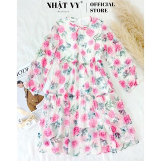 Đầm Nữ NHẬT VY Hoa Form Suông Tay Dài Chiết Eo Chất Voan Đi Chơi Dáng Xòe Màu Hồng, Cam, Vàng - D1947