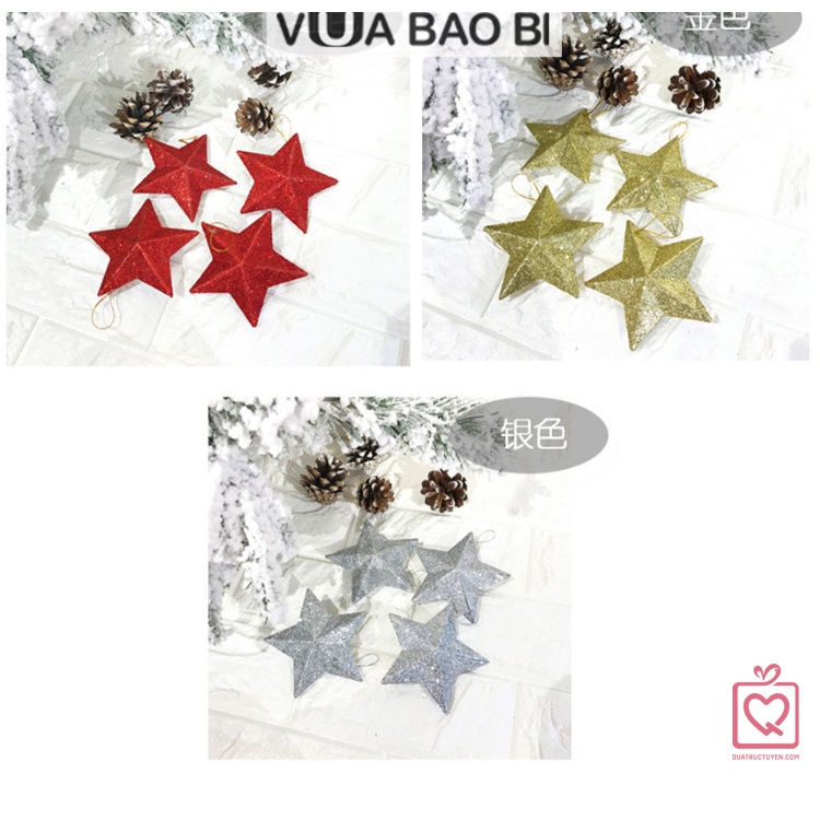 Set 4 ngôi sao trang trí Noel 7.5cm, ngôi sao treo cây thông Giáng sinh màu vàng/ bạc/ đỏ ánh kim