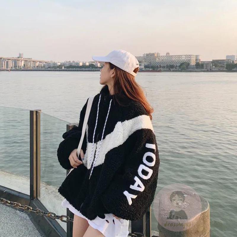 Áo Khoác Giả Lông Thú Khóa Kéo In Chữ Thời Trang Cho Nữ