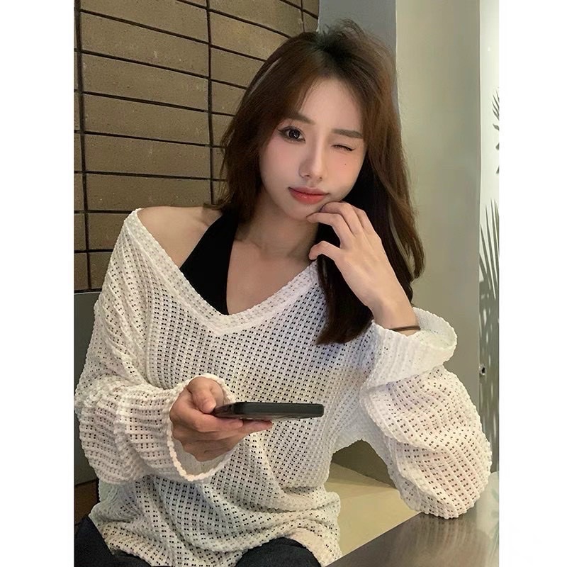 Áo len lưới mix cổ yếm giả set, len fom rộng over size cá tính