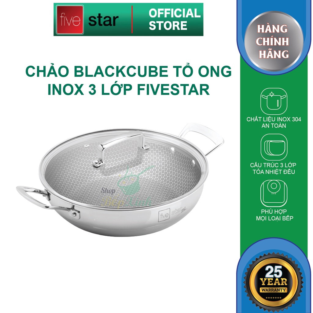 Chảo tổ ong sâu lòng 2 quai Blackcube FiveStar Plush 3 lớp đáy liền inox 304 ( 24cm / 26cm /28cm ), tặng 1 sạn inox