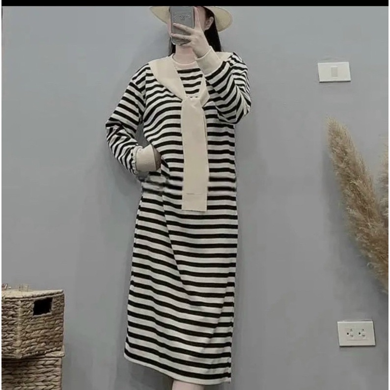 Đầm Thuỷ Thủ Kẻ Ngang Dáng Dài Chất Len Xốp Mặc Thu Đông Siêu Thích