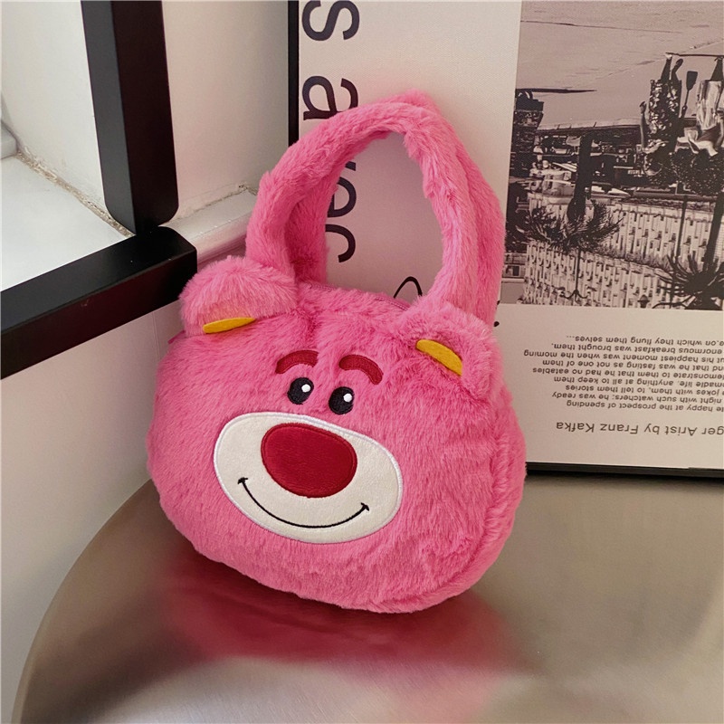 Túi Xách Đeo Vai Hình Tròn Phủ Lông Hình Chú Gấu / Dâu Tây Thời Trang Mùa Thu 2022