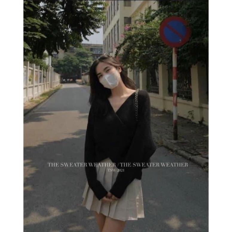 Áo len xoắn vạt chéo trễ vai sang chảnh chất len dày dặn Áo Sweater Trễ Vai