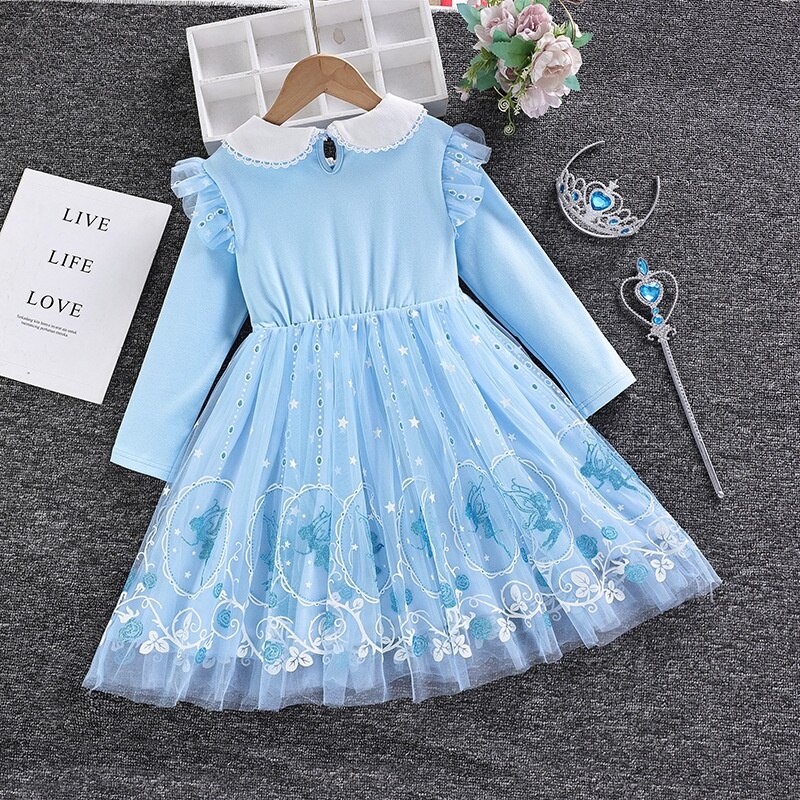 Đầm Công Chúa Elsa Bằng Cotton Tinh Khiết Thoải Mái Cổ Búp Bê Tay Dài Dễ Thương Phong Cách Phương Tây Cho Bé Gái 3-8 Tuổi