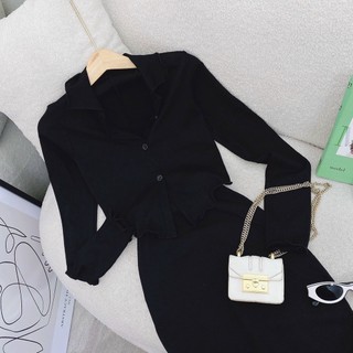 Set croptop đen cổ vest chân váy midi