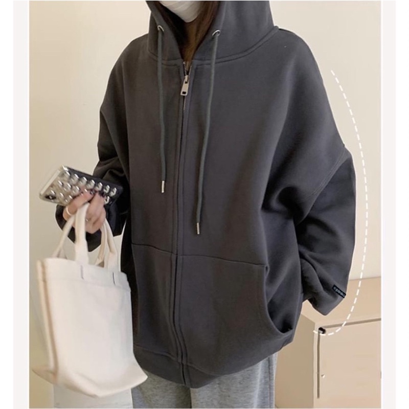 Áo KHOÁC Zip nỉ bông TRƠN mũ to 2 lớp logo tay PINK Unisex form rộng | BigBuy360 - bigbuy360.vn