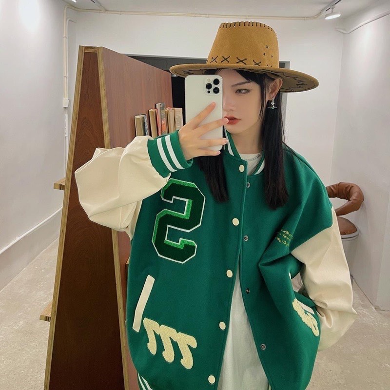 Áo khoác bomber varsity màu xanh lá thêu chữ s phối tay da Chất dạ 2 lớp dày- áo khoác bóng chày thể thao nam nữ UNISEX
