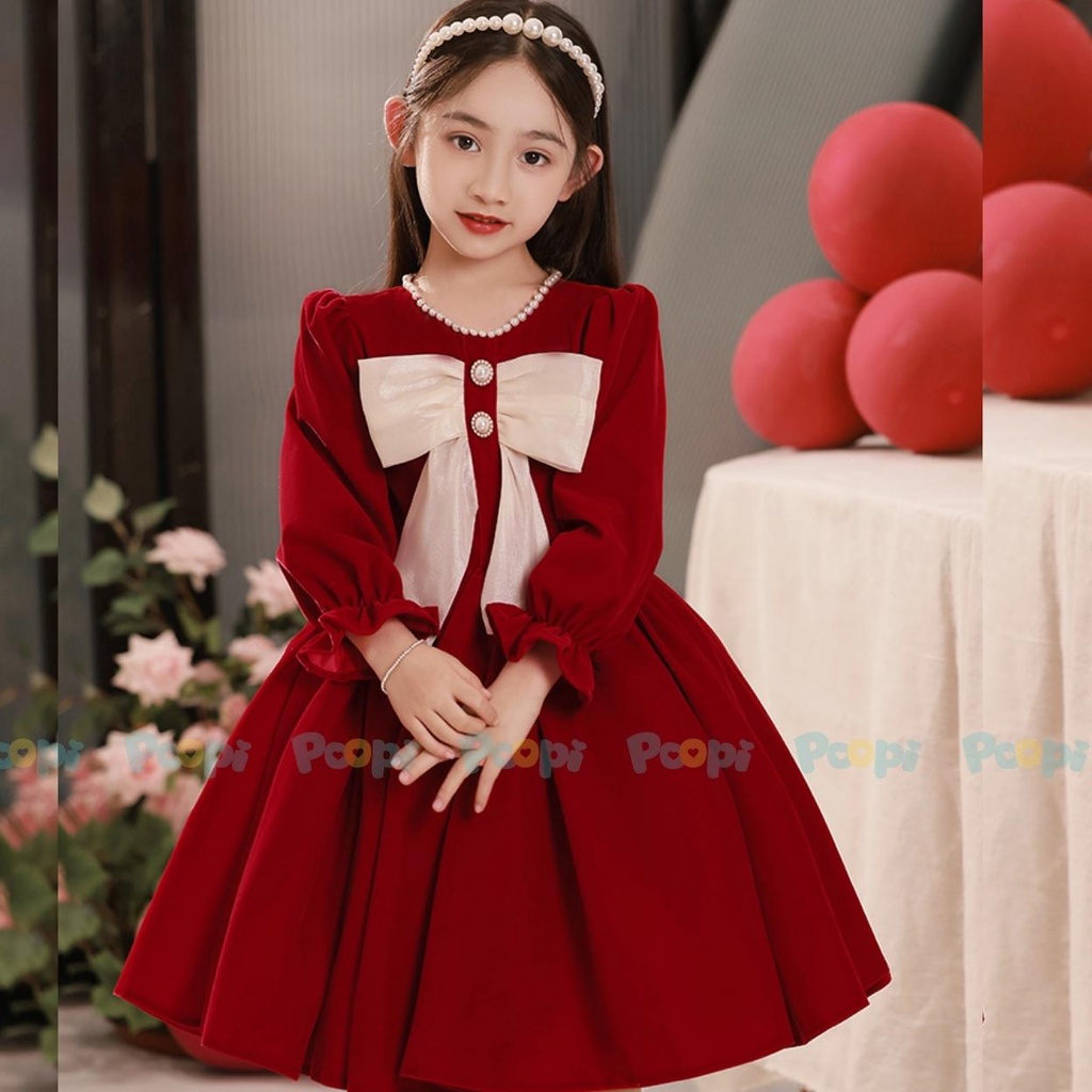 Váy Công Chúa Bé Gái Poopi Dáng Xòe Đính Nơ Xinh Vải Nhung Đỏ Cho Bé Đi Chơi Tết Dự Tiệc