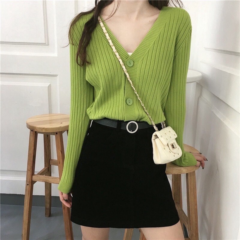 Shynstores Áo khoác cardigan - áo khoác len cho nữ ullzzang cổ tim dài tay 3 cúc vải len dệt kim