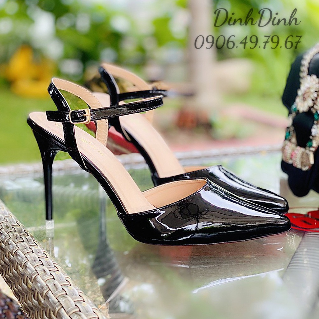 Giày Sandal cao gót nữ bít mũi, đế Pháp đỏ gót nhọn cao 9cm quai hậu khóa cài chất da bóng  - DinhDinh Store