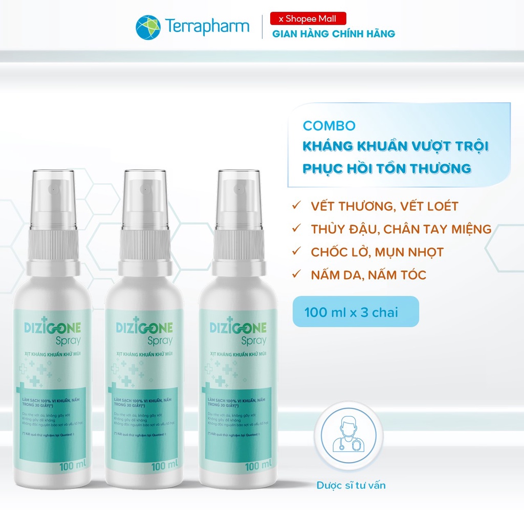 Xịt kháng khuẩn DIZIGONE chăm sóc tổn thương lành nhanh, không đau xót, tái tạo da, ngăn ngừa sẹo - 3 chai 100ml