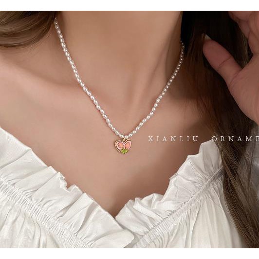 Vòng cổ Hoa Tulip Hồng Đính Ngọc Trai Dễ Thương Ngọt Ngào