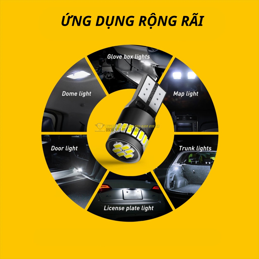 LED T10 Auxito canbus ánh sáng trắng đỏ vàng xanh không báo lỗi 6000k