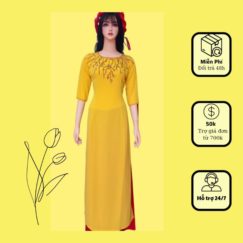 Áo dài vàng kết đá 4 tà