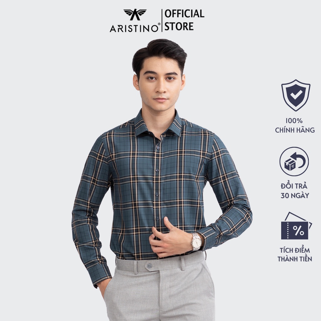 (Mẫu mới) Áo sơ mi nam dài tay ARISTINO họa tiết kẻ nâu trên nền xanh tinh tế, thanh lịch - ALS11802