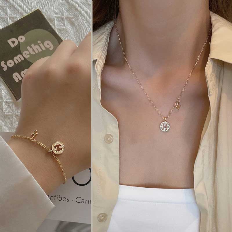 Vòng cổ Thép Titan Mạ Vàng / Bạc 925 Mặt Chữ H Đính Đá Zircon Thời Trang Hàn Quốc Cho Nữ