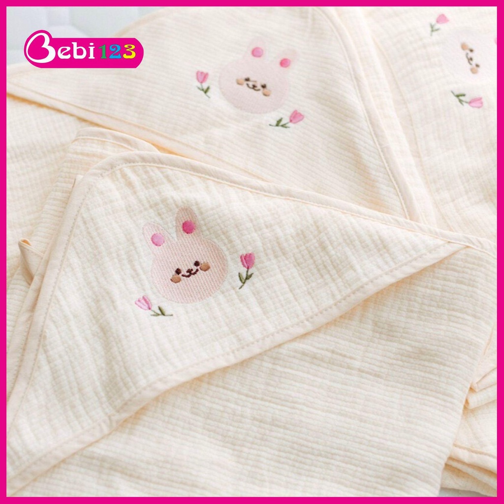 Ủ xô Molli cao cấp Thêu hình Gấu Thỏ, khăn tắm quấn bé có mũ Molli