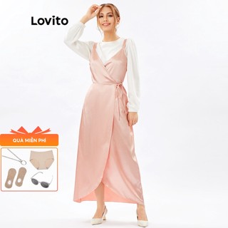 1221de-1206de-Lovito Đầm suông họa tiết cao cấp vừa phải có độ bóng chảy Criss Cross Up Wrap Dress L26ED054 (Pink)