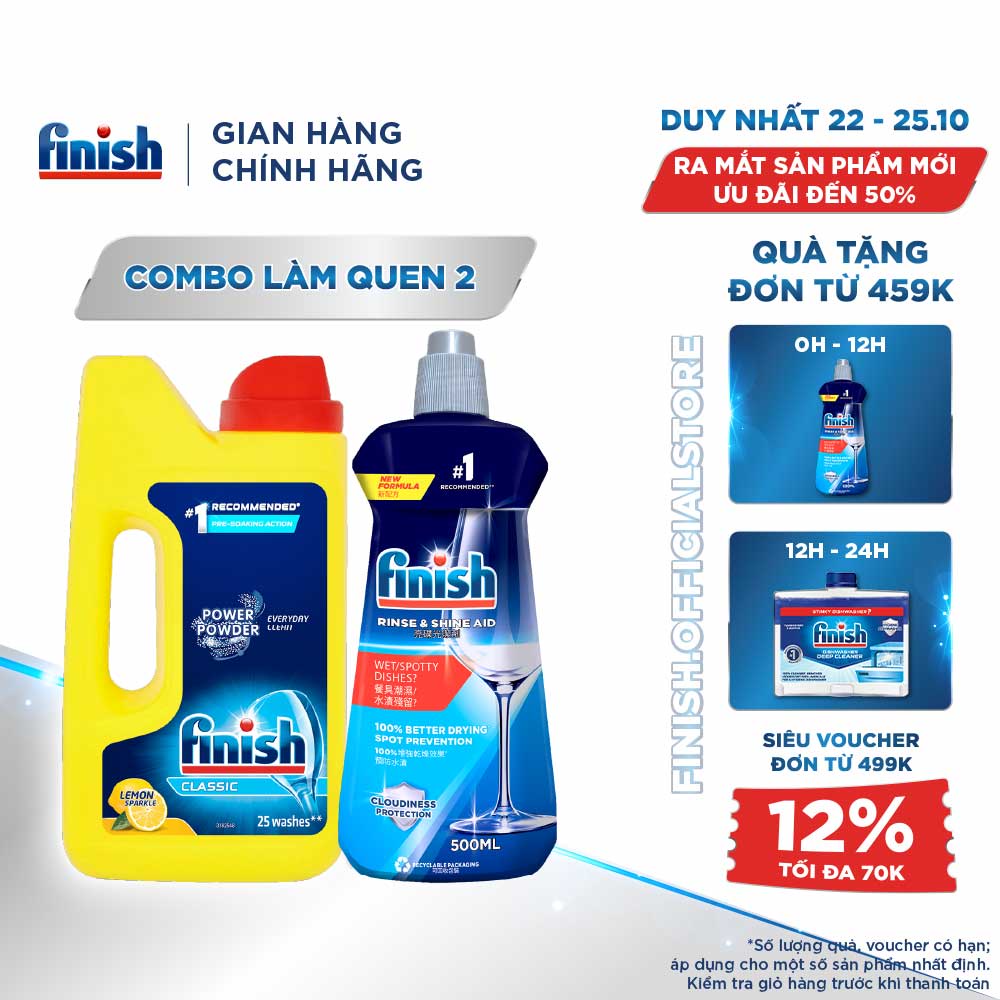 Combo Finish Làm quen 2: Bột Rửa Chén Hương Chanh Lemon Classic 1kg + Nước Làm Bóng Rinse & Shine 500ml