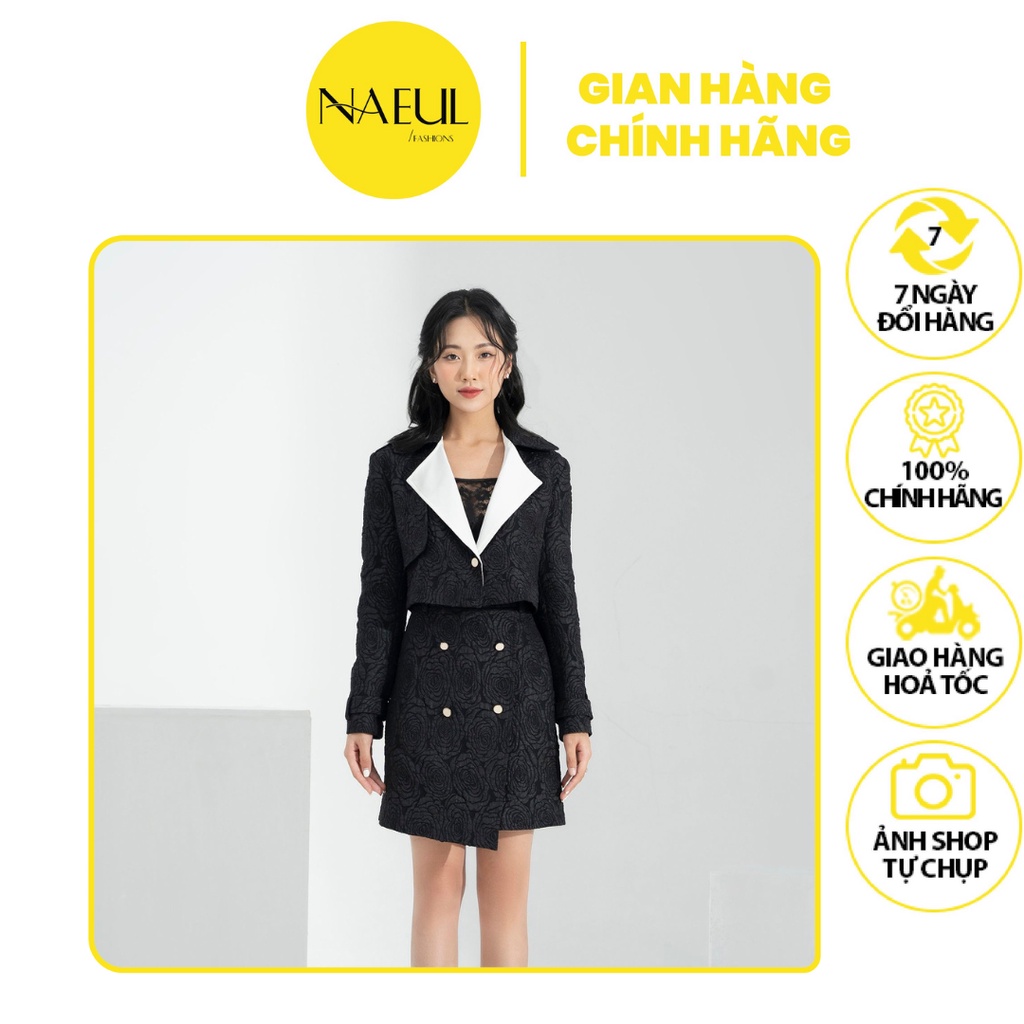Set Bộ Áo Khoác Dài Tay Phối Cổ Trắng Mix Chân Váy Juyp Ngắn Chất Xốp Gấm Hoa Đen Phong Cách Sang Tr