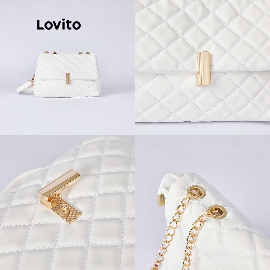 Lovito Elegant Trơn Kim Cương Quilting Kim Loại Dây Đeo Chuỗi Trọng Lượng Nhẹ Túi Vuông L38BA04 (Trắng/Đen/Kaki/Xanh dương)